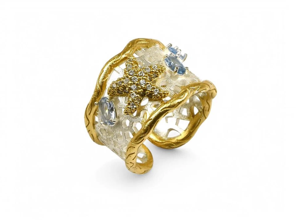 Misis POSIDONIA Anello argento bicolore zirconi bianchi e azzurri regolabile - Immagine 1 di 1