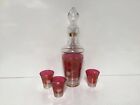 Vintage Red Ruby Flash Clear Glass EtchedFlower Decanter & Cordial Set For Gift