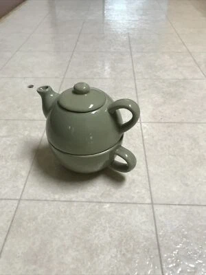 Green PIER 1 Stoneware Tea for One Teapot With Mug Stackable 3-PIECE Set Gift  - Image 1 of 4