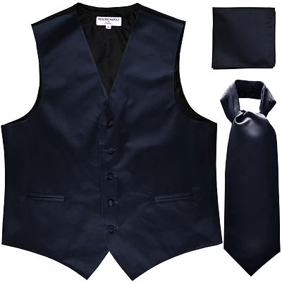 New Men's navy blue formal vest Tuxedo Waistcoat ascot & hankie wedding prom - Image 1 of 4