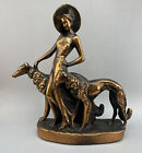 Vintage Art Deco Chalkware Lady With Dogs Sculpture Figurine Bronze Finish 13”