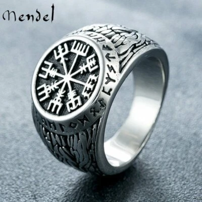 MENDEL Mens Nordic Viking Rune Vegvisir Compass Ring Stainless Steel Size 7-15 - Image 1 of 4