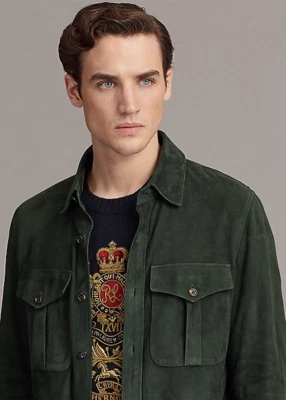 Men's Green Suede Shirt 100% Pure Lambskin Slim Fit Suede Overshirt Custom Made - Image 1 of 4
