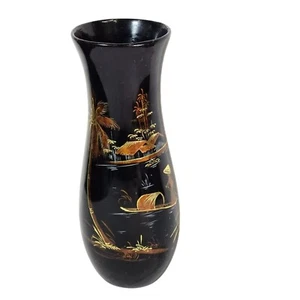 Jarrón de madera de Asia oriental pintado a mano de colección laca negra escena de pueblo tropical - Imagen 1 de 11