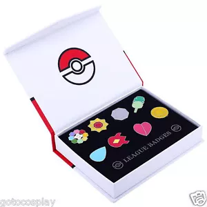 Cosplay Poke: Kanto League Gym Badges Set of 8 Metal Region Pins Brooch + Box - Picture 1 of 2