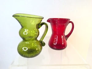 2 Vtg Rainbow Glass Crackle Art Glass Pitcher Red And Green Mid Century Modern - Picture 1 of 6