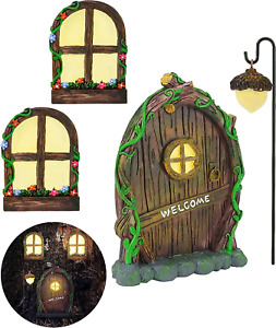Miniature Gnome Fairy House Window and Door for Trees, Glow in the Dark Yard Art