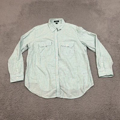 Chaps Shirt Women 1X Green Blue White Striped Linen Cotton Blend Button Up Top - Image 1 of 4