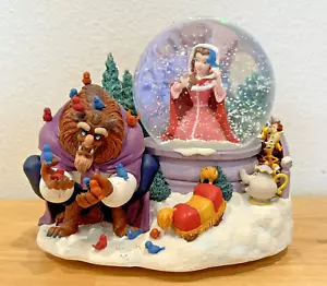 VINTAGE BEAUTY AND THE BEAST BELLE MUSICAL SNOW GLOBE WINTER SCENE FEEDING BIRDS - Picture 1 of 15
