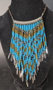 Seed Bead Bib Statement Necklace Turquoise Gold Fringe Leather Chain 22" - Picture 1 of 5