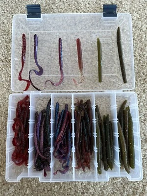 100+pc. Fishing Soft Plastic Senko/Swim Baits/Finesse Worm Lot with Tackle Box - Image 1 of 4