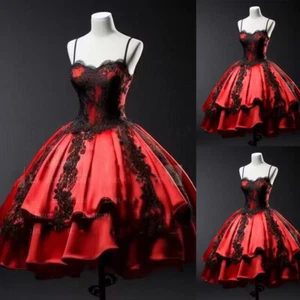 Gothic Short Wedding Dresses Spaghetti Straps Black and Red Corset Bridal Gowns - Picture 1 of 9