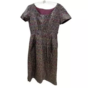 Vestido Vintage Tonos Joya Multicolor Jacquard Manga Corta Cremallera Lateral Línea A - Imagen 1 de 12