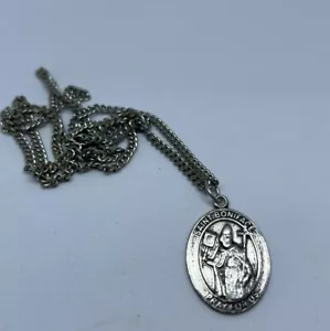 Sterling Silver Patron Saint Necklace Rhodium Heavy Curb Chain Adult Male - Picture 1 of 4