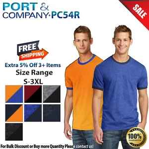 Port & Company PC54R Mens Short Sleeve Retro Ringer Crew Neck Cotton T-Shirt - Picture 1 of 12