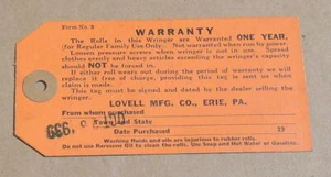 Original 1939 Lovell Mfg. (Washer) Wringer Warranty Tag - Picture 1 of 2