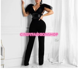USA Women Sexy Mesh See Through V-Neck Sashes Club wear Jumpsuit Rompers - Picture 1 of 9