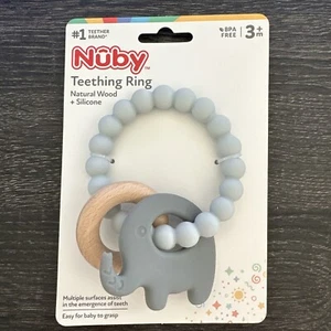 Nuby Natural Wood & Silicone Teether Teething Ring: 3 M+, Elephant, Gray New - Picture 1 of 2