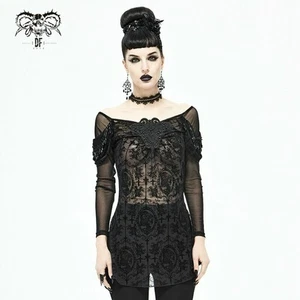 Devil Fashion Goth Retro Pattern Lace Mesh See-Through Blouse One-Shoulder Shirt - Picture 1 of 20