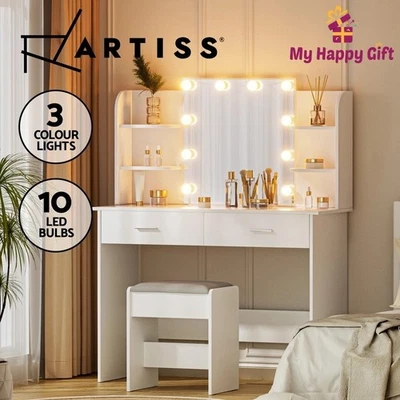 Artiss Dressing Table LED Makeup Mirror Stool Set 10 Bulbs Vanity Desk White - image 1 of 4