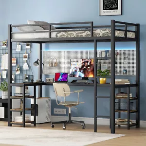 Twin XL Metal Loft Bed with Desk and Shelves, Loft Bed with Ladder and Guardrail - Picture 1 of 12