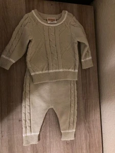 Arlo & Kai Tan Sweater Outfit 0-3 Months Cable Knit Long Sleeve White Trim Beige - Picture 1 of 3