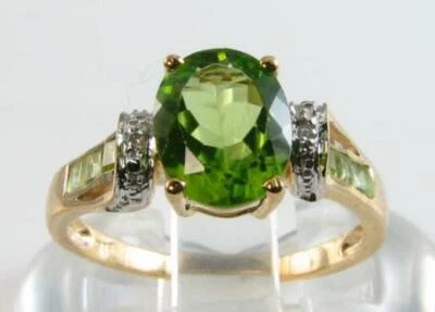 BIG 9K GOLD  9mm x 7mm PERIDOT & DIAMOND ART DECO INS RING FREE RESIZE - Image 1 of 4