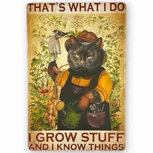 Vintage schwarze Katze Garten Blechschild: Grow Stuff, Know Things - 12 x 8 Zoll | NEU - Bild 1 von 5