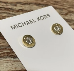 Michael Kors Jewelry Gold Stud Earrings Logo Engraved Crystal Round Button - Picture 1 of 7