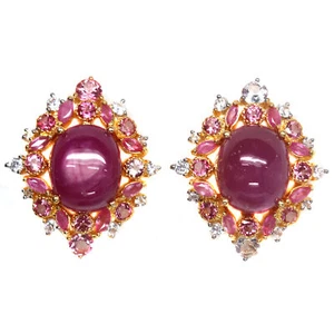 Natural 14 X 17 mm. Red-Ruby Tourmaline Sapphire Topaz Earrings 925 Silver - Picture 1 of 5