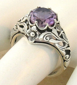 ART NOUVEAU STYLE GENUINE AMETHYST SCOTTISH THISTLE 925 STERLING SILVER RING 567 - Picture 1 of 4