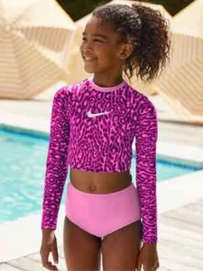 Nike Wild Long Sleeve Crop Swim Top Big Girls XL Fierce Pink Printed Pullover - Picture 1 of 16