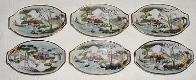 6~Japón 1920 PLATOS DE SAL DE MANTEQUILLA DE PORCELANA Mt Fuji Village escena pintada a mano Foto 1 de 4