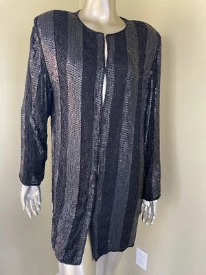 Chaqueta larga plumero vintage Jewel Queen negra con cuentas lentejuelas seda talla S nueva con etiquetas Foto 1 de 4
