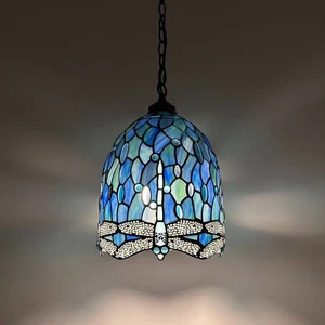 Tiffany Style Hanging Lighting Blue Stained Glass Dragonfly 10"W*10"D*60"H - Picture 1 of 7