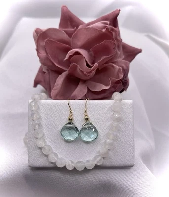 14k Yellow Gold Aquamarine Earrings Dangle 10mm Briolette SIMULATED - Image 1 of 4