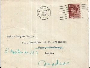 KÖNIG EDWARD VIII 11/2d BRAUN AUF 14 DEZ COVER NACH INDIEN MEINE REF 766 - Bild 1 von 2