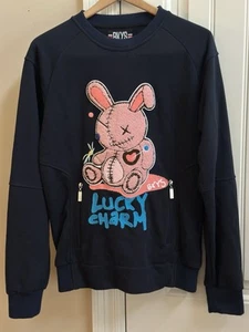 BKYS Sweatshirt With Embroidered Bunny Lucky Charm Size Small Navy Zipper Pocket - Picture 1 of 7