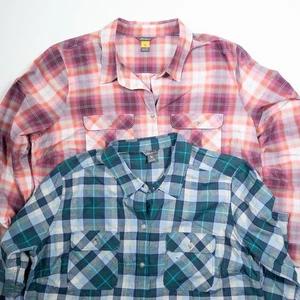 2 Stück Eddie Bauer Damen XL karierte Hemden mit Knopfleiste Nylon Baumwolle rosa grün - Bild 1 von 14