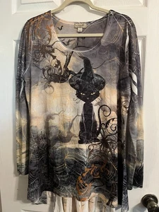 Oneworld Top Large Black Cat With Witch’s Hat Whimsygoth Halloween Y2K Long - Picture 1 of 5