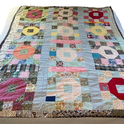 Vintage Handmade Patchwork Quilt Churn Dash Hole in the Barn Door  Farmhouse - Image 1 of 4