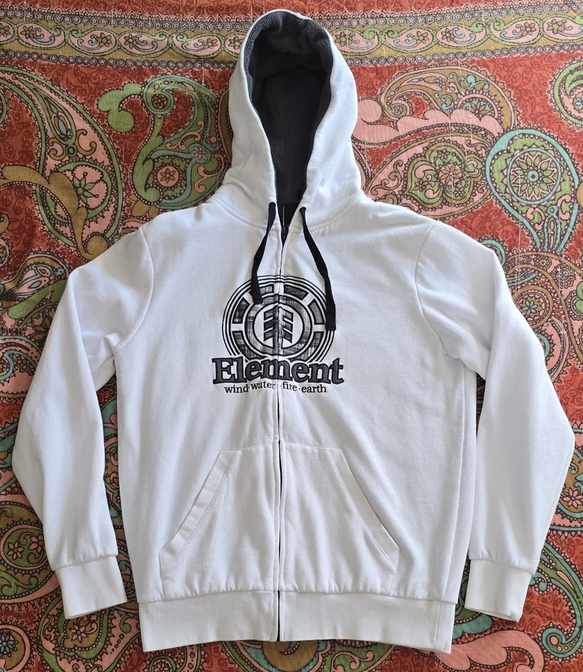 Sudadera con capucha vintage Y2K Element Spellout cremallera monopatín skate grunge talla L blanca Foto 1 de 4