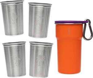 bzyoo Nesting Stainless Steel Camping Cup Set with Hook – 5-in-1... (Orange) B6 - Picture 1 of 8