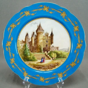 19th Century Sevres Style Hand Painted Château de Busset Bourbon Blue Gold Plate - Picture 1 of 11