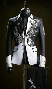 Celestial Elegance Couture Suit with Silver Floral Embroidery and Contrast Panel - Picture 1 of 5