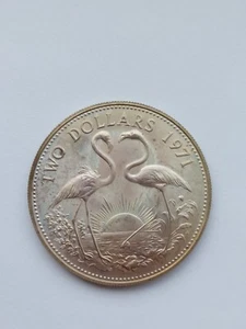1971 Bahamas $2 Dollars GEM BU Uncirculated Large Flamingoes Silver Coin - Picture 1 of 2