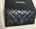 Authentic Chanel Matelasse Trifold Long Wallet Black Lambskin Leather CoCo Mark