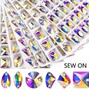 High-grade Glass K9 Sew On Crystal AB Rhinestones Flatback Stone Size sele - Picture 1 of 7