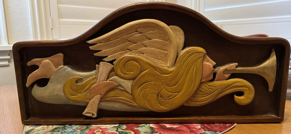 Ángel con cuerno original tallado a mano Ken R curry escultura de madera firmada Foto 1 de 4