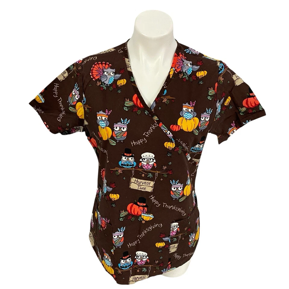 Blusa Médica Scrubstar Pequeña Mujer Acción de Gracias Búho Pavo Cosecha Veterinario Foto 1 de 4